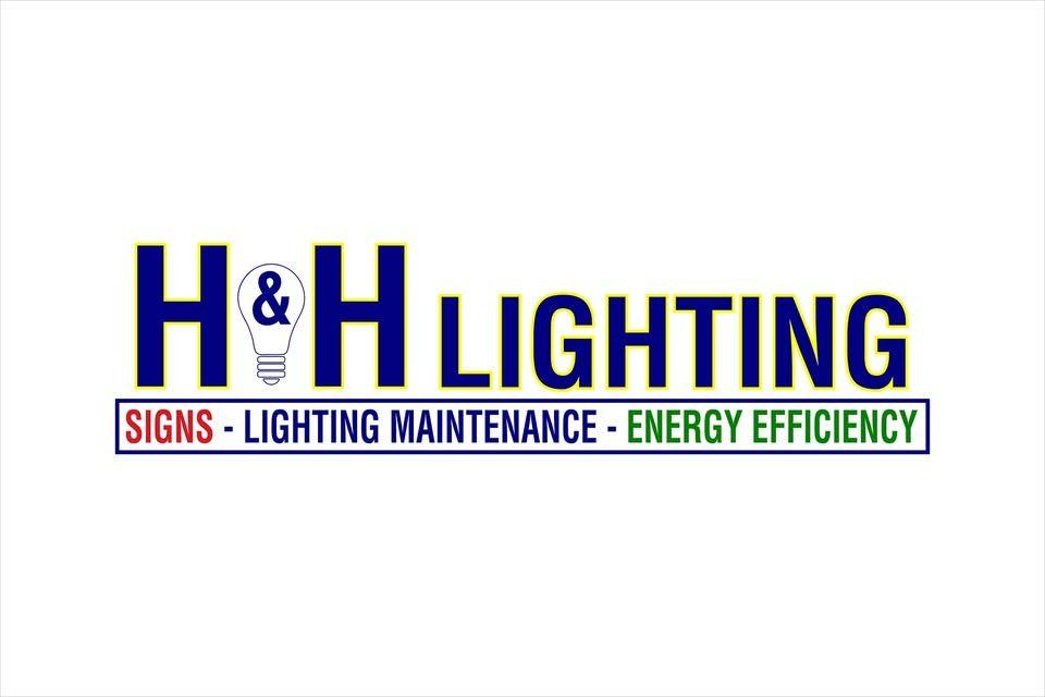 H&H Lighting company logo with services listed: Signs, Lighting Maintenance, and Energy Efficiency.